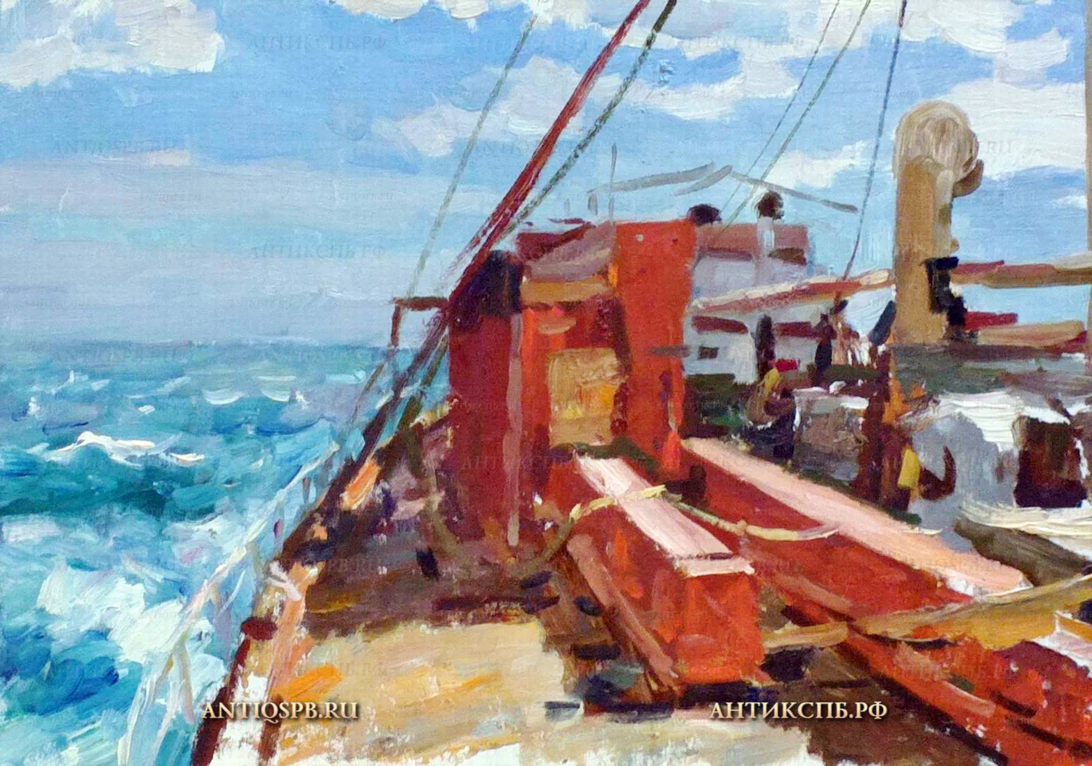 Картина "Вид на море с кормы". Картон, масло. Бантиков Андрей Сергеевич (1914-2002). СССР. Сер. XX века. №179